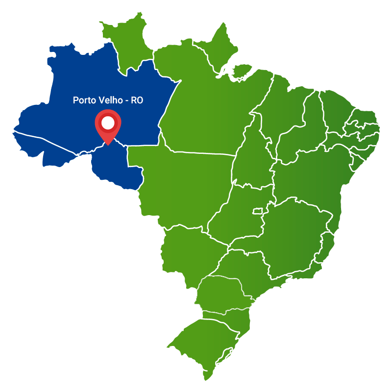 Mapa da Região Norte do Brasil com destaque para Acre, Rondônia e Amazonas, e marcador em Porto Velho/RO